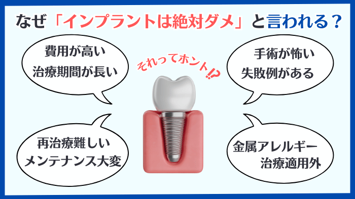 歯科インプラントが絶対ダメと言われる理由:費用、治療期間、手術、失敗例、メンテナンス、再治療、適用されないケース、金属アレルギーのリスク